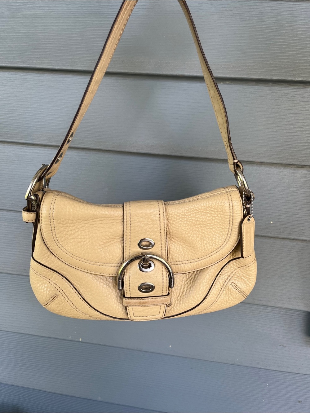 Coach SoHo Beige Leather Shoulder Bag with Buckle Detail